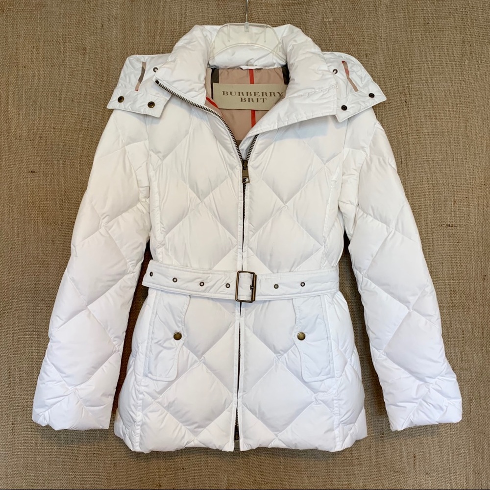 BURBERRY BRIT Womens Puffer Jacket Hood Belt White